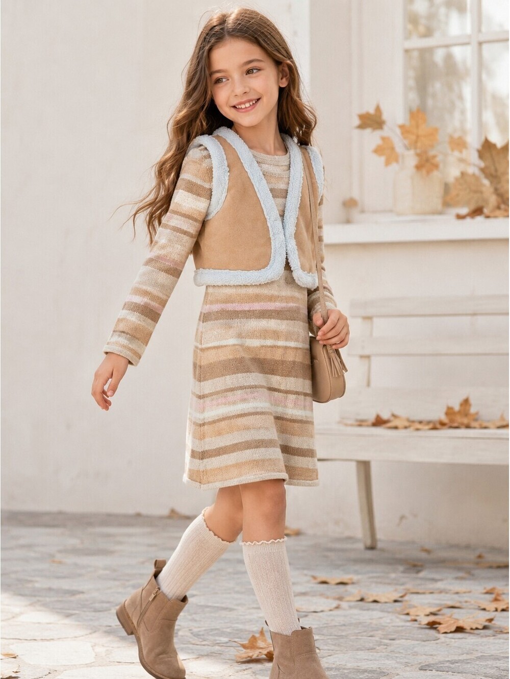 Rare Editions Girls 2 Piece Set Sweater Dress Vest Tan Striped Size 12 NWT
